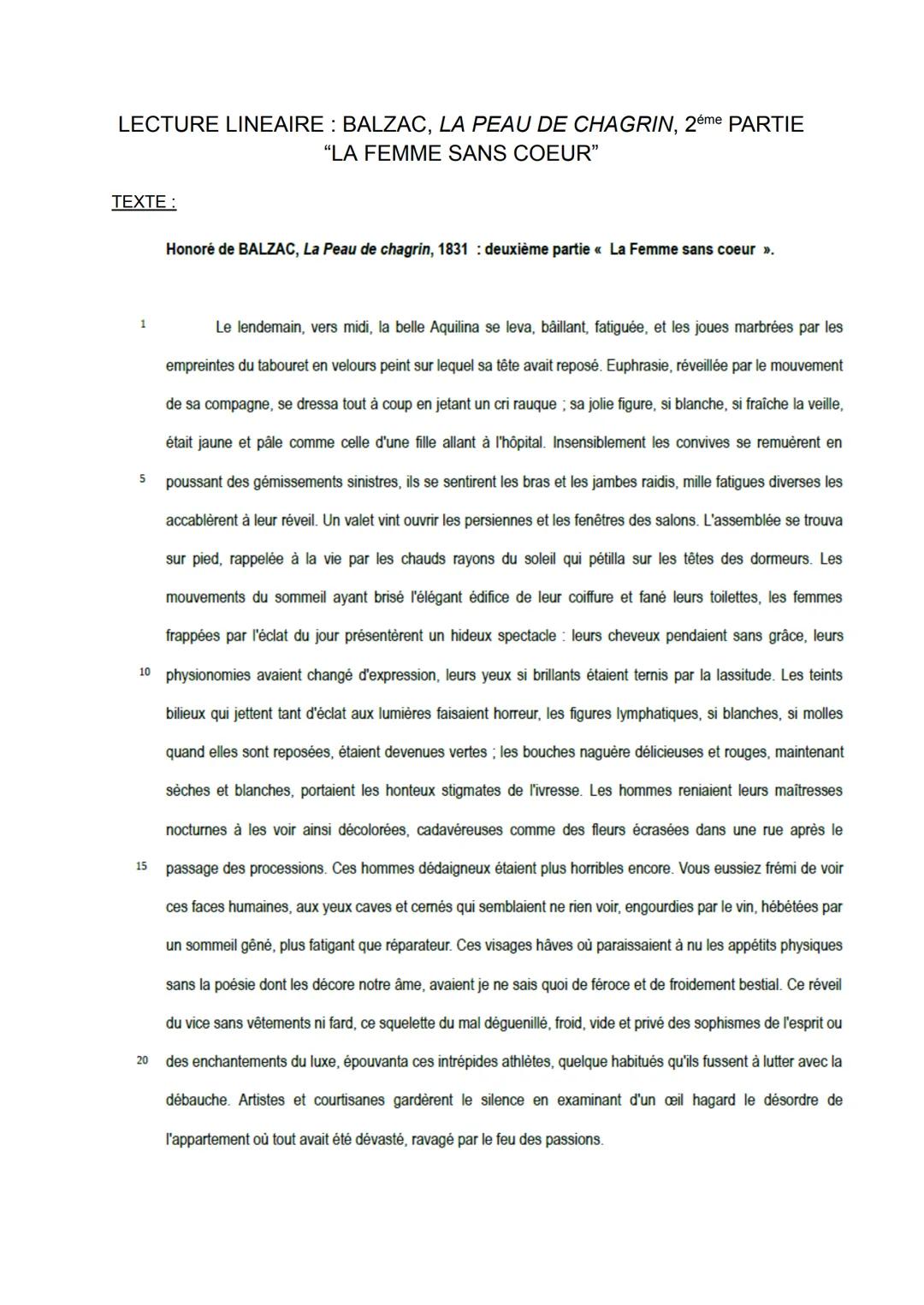 LECTURE LINEAIRE: BALZAC, LA PEAU DE CHAGRIN, 2éme PARTIE
"LA FEMME SANS COEUR"
TEXTE :
Honoré de BALZAC, La Peau de chagrin, 1831 : deuxièm