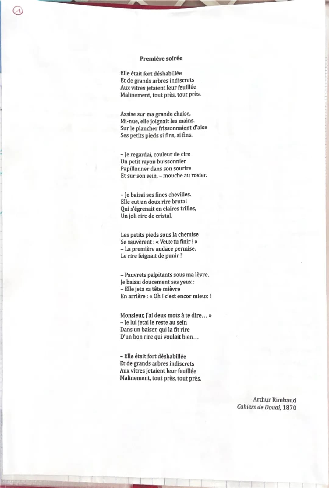 Première soirée
Elle était fort déshabillée
Et de grands arbres indiscrets
Aux vitres jetaient leur feuillée
Malinement, tout près, tout prè