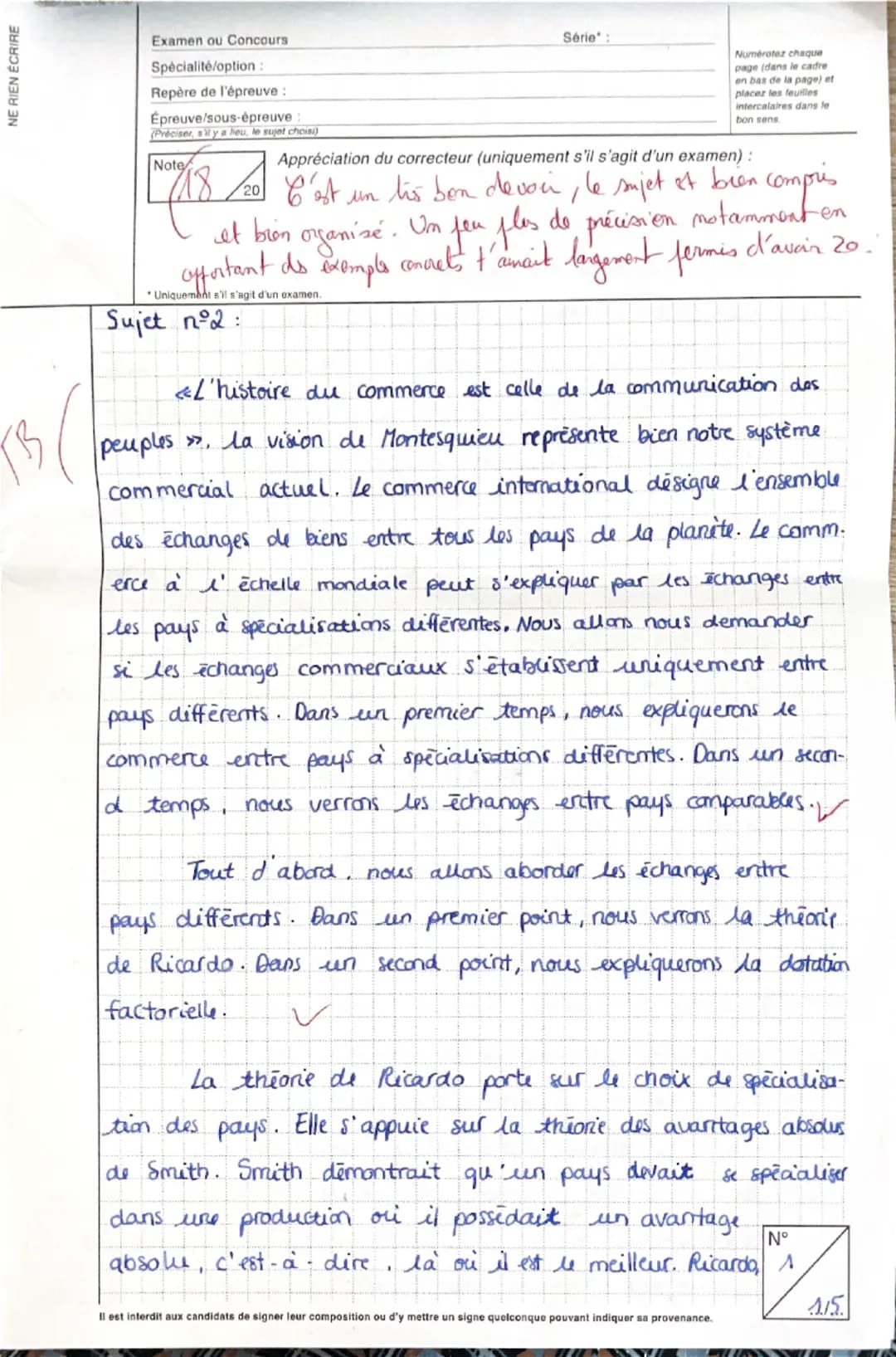 NE RIEN ÉCRIRE
Examen ou Concours
Spécialité/option:
Repère de l'épreuve :
Épreuve/sous-épreuve :
(Préciser, s'il y a heu, le sujet choisi)

