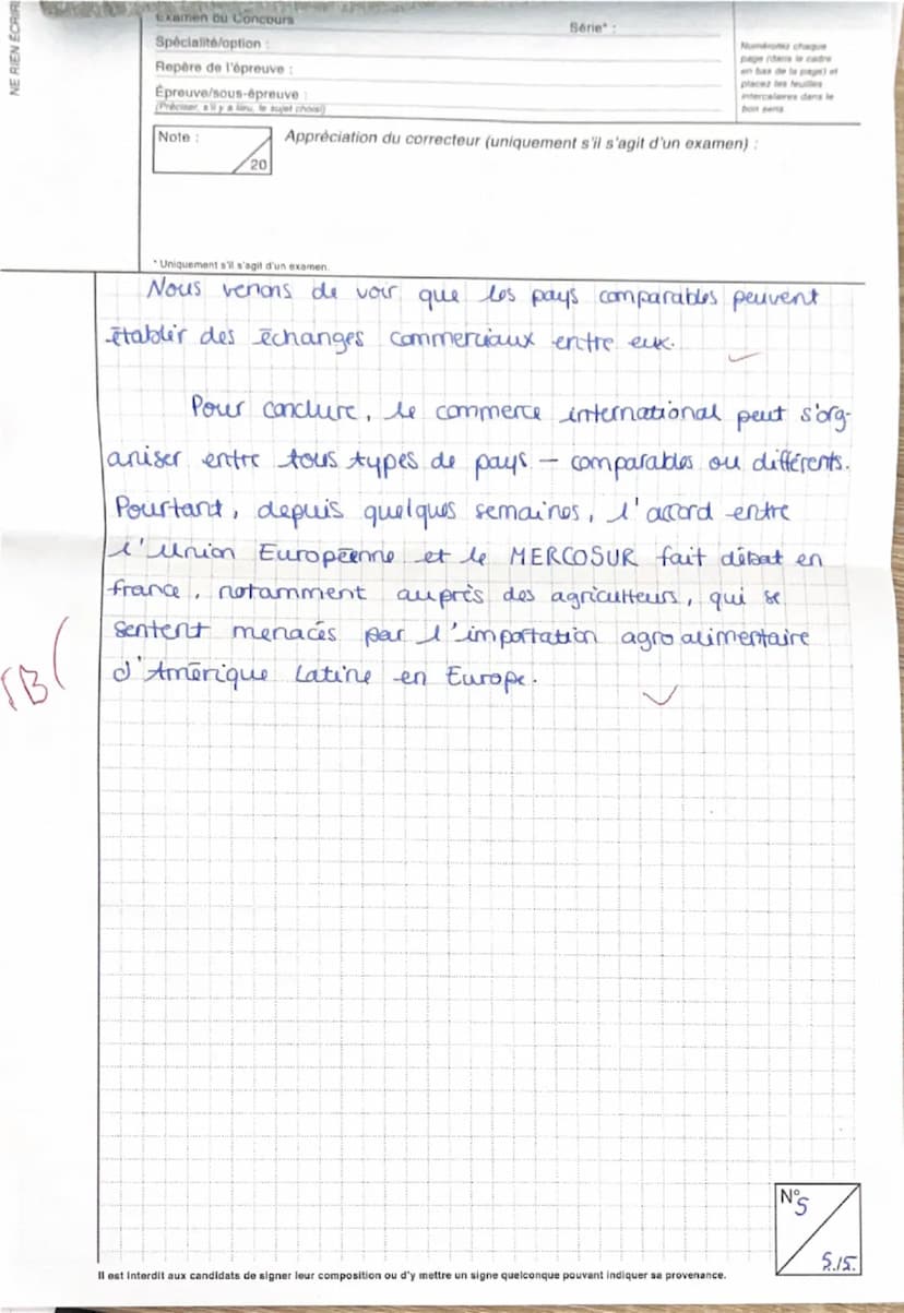 NE RIEN ÉCRIRE
Examen ou Concours
Spécialité/option:
Repère de l'épreuve :
Épreuve/sous-épreuve :
(Préciser, s'il y a heu, le sujet choisi)
