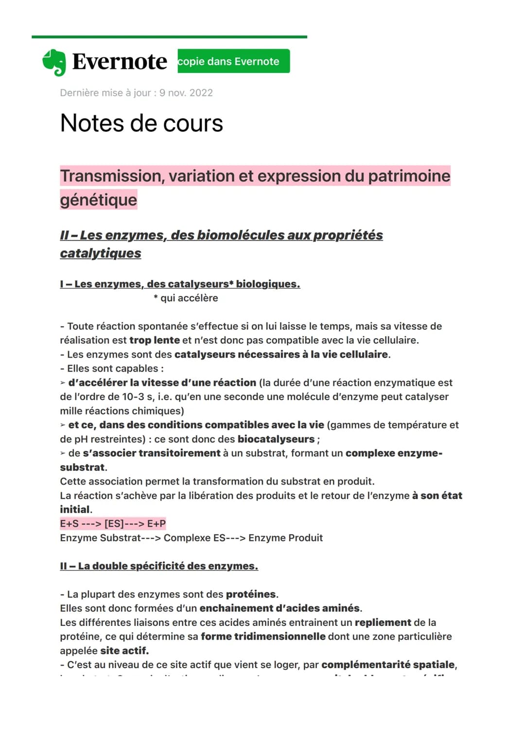 Evernote copie dans Evernote
Dernière mise à jour : 9 nov. 2022
Notes de cours
Transmission, variation et expression du patrimoine
génétique