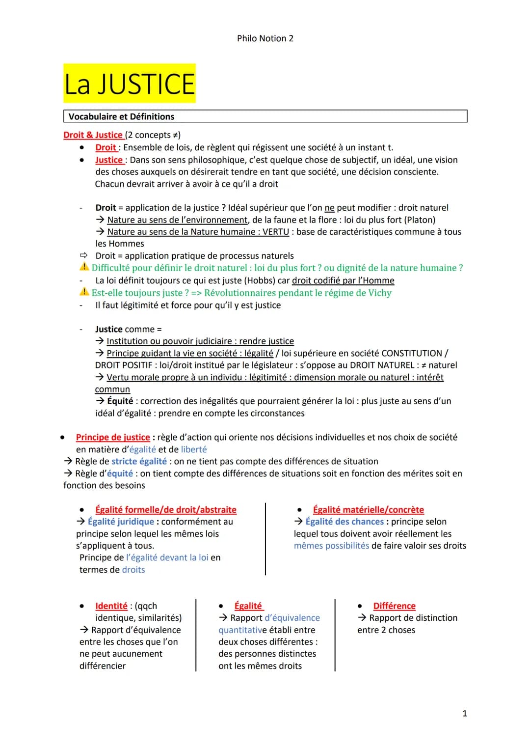 La JUSTICE
Vocabulaire et Définitions
Droit & Justice (2 concepts #)
●
Philo Notion 2
Droit : Ensemble de lois, de règlent qui régissent une