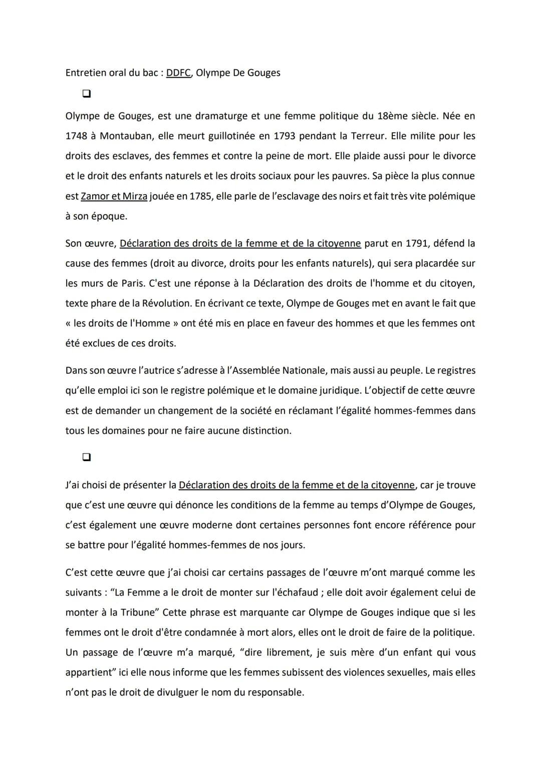 Entretien oral du bac : DDFC, Olympe De Gouges
0
Olympe de Gouges, est une dramaturge et une femme politique du 18ème siècle. Née en
1748 à 