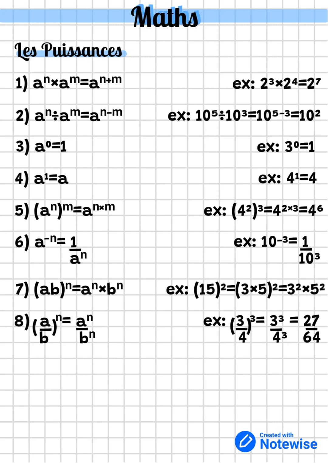 Les Puissances
1) anxam=an+m
2) an÷am=an-m
3) a=1
4) a¹=a
5) (an)m=anxm
6) a-^= 1/₁
an
7) (ab)=a¹xbn
8) 2012/05
n= an
bn
Maths
ex: 2³×24-27
