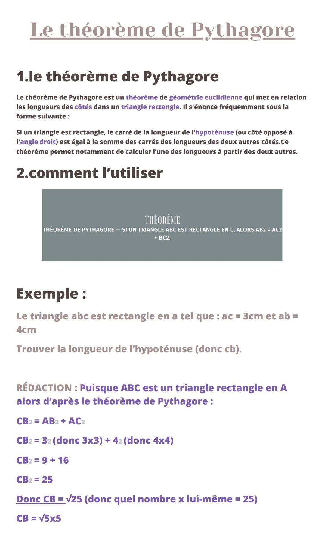 Le théorème de Pythagore
1.le théorème de Pythagore
Le théorème de Pythagore est un théorème de géométrie euclidienne qui met en relation
le
