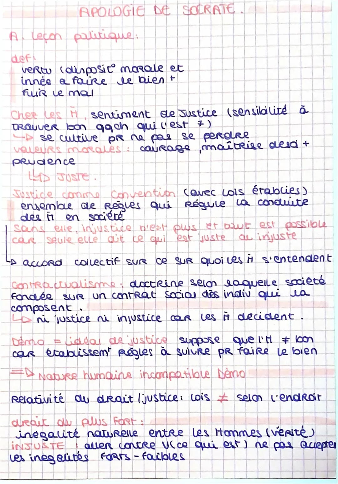 APOLOGIE DE SOCRATE
A. Lecon palitique:
def
veRtu (disposit morale et
innée a faire le bien t
fuur le mal
Chee Les H sentiment de Justice (s