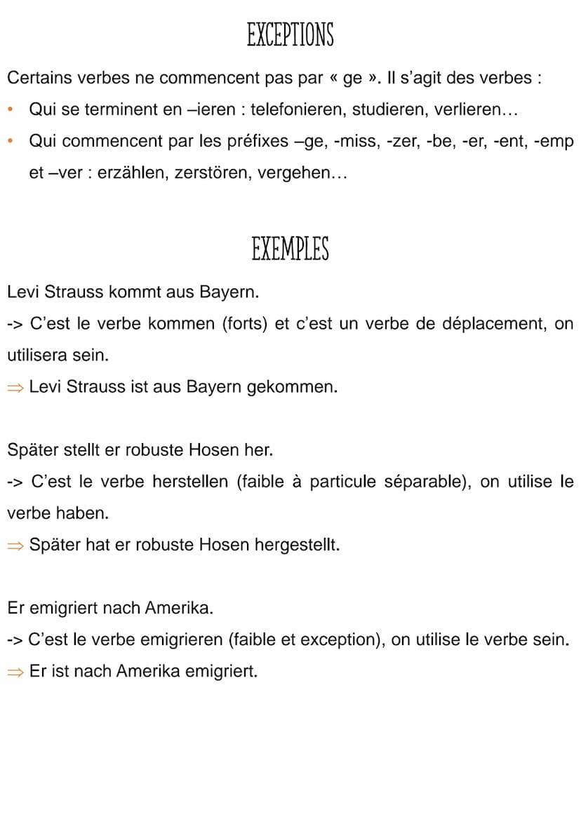auxiliaire SEIN ou HABEN au présent + participe passé en fin de phrase
SEIN est utilisé pour les verbes de déplacements (fahren, kommen,
geh