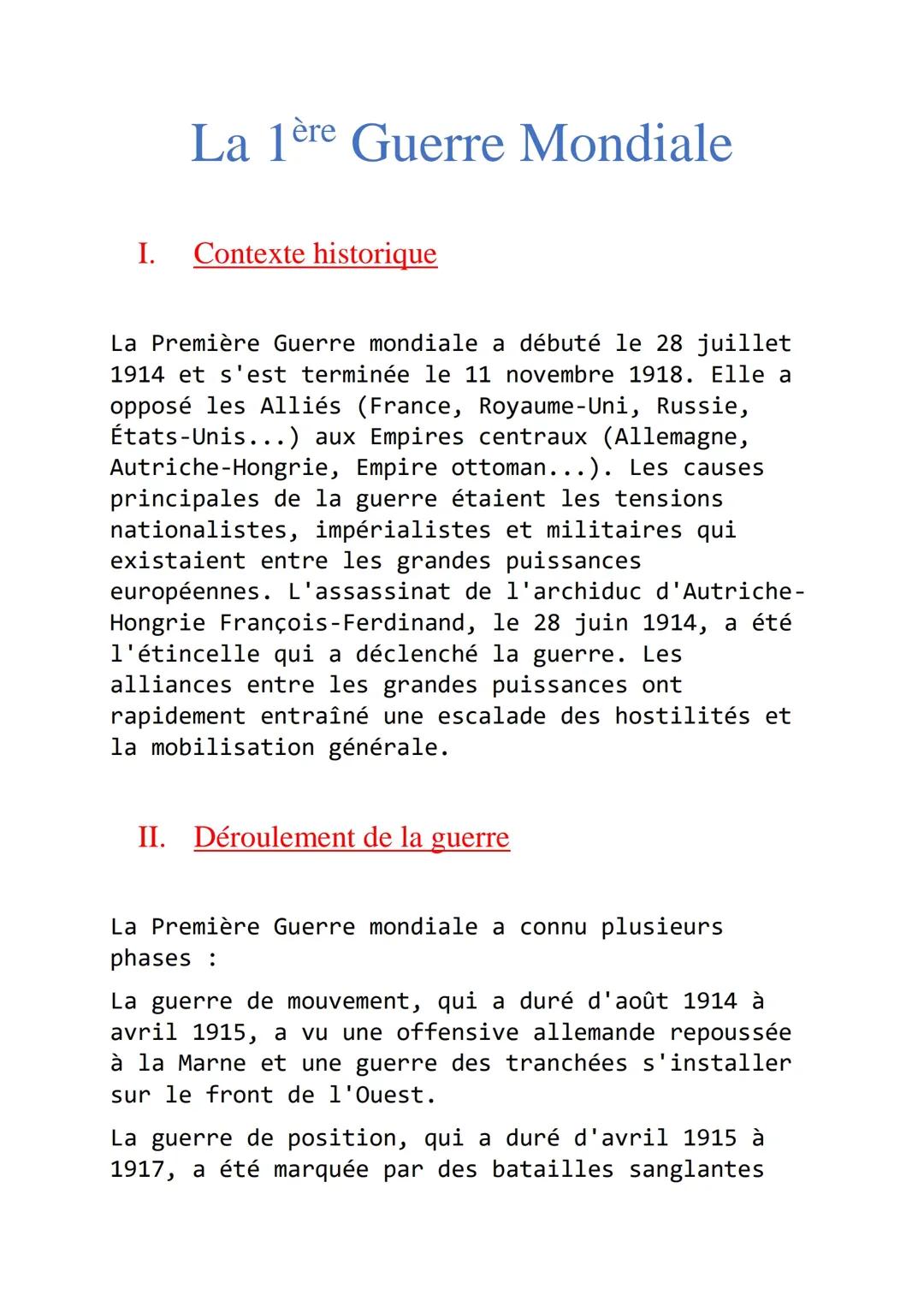 La 1ère Guerre Mondiale