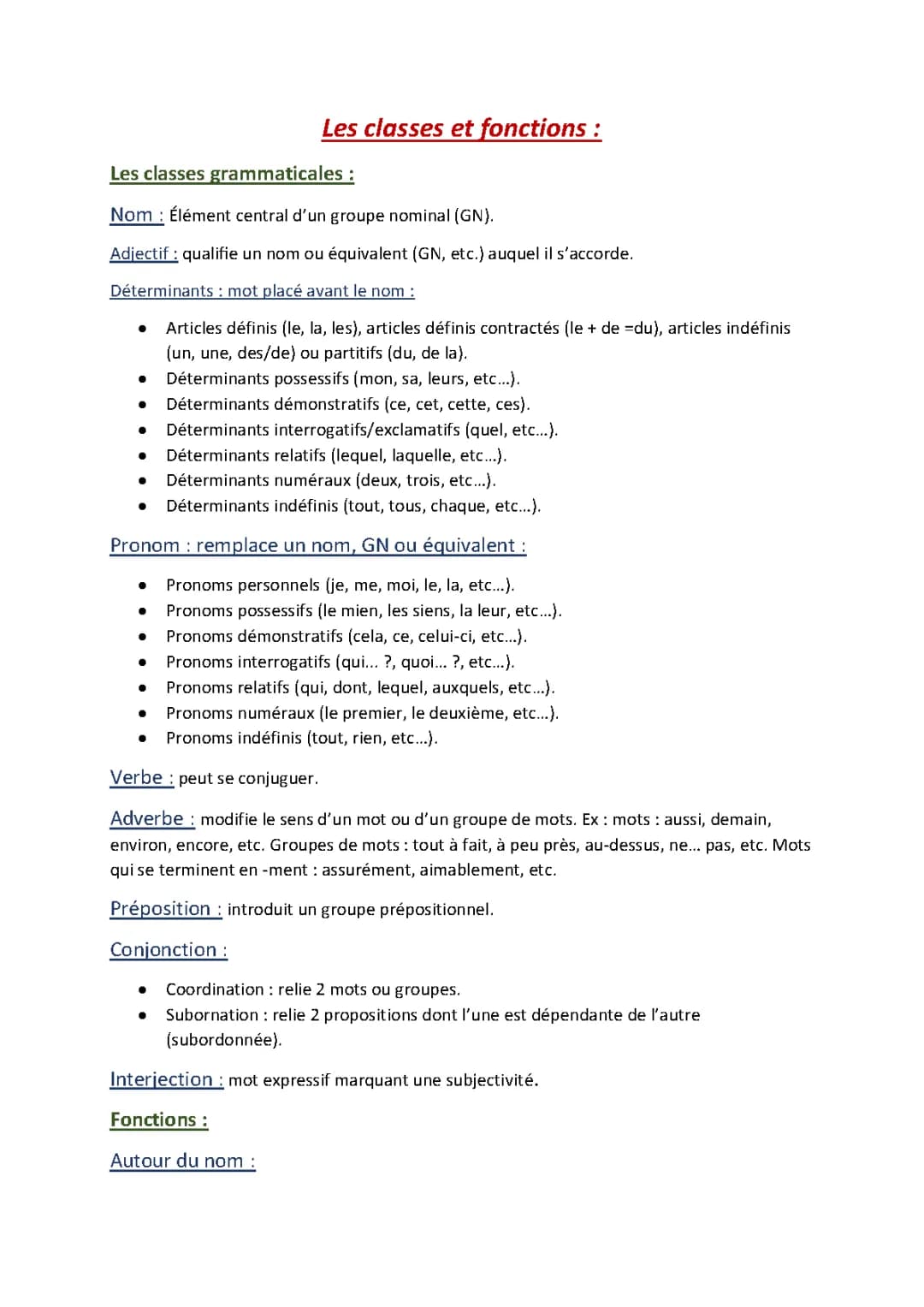 Les classes grammaticales et fonctions 