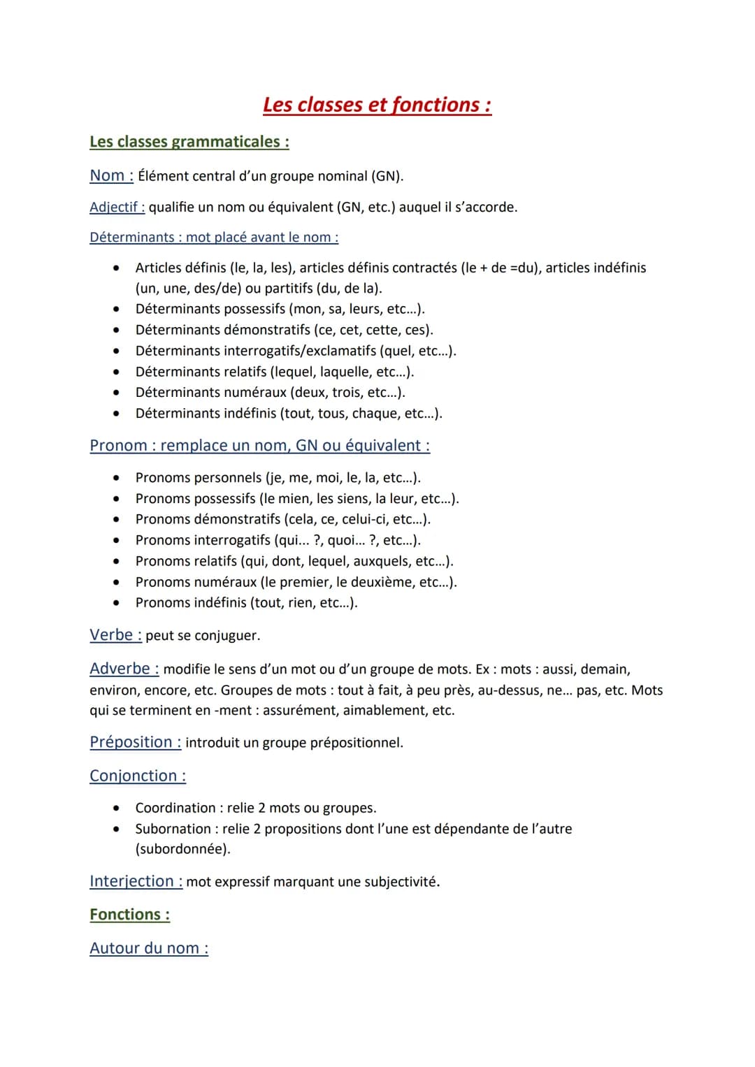 Les classes grammaticales :
Nom : Élément central d'un groupe nominal (GN).
Adjectif: qualifie un nom ou équivalent (GN, etc.) auquel il s'a