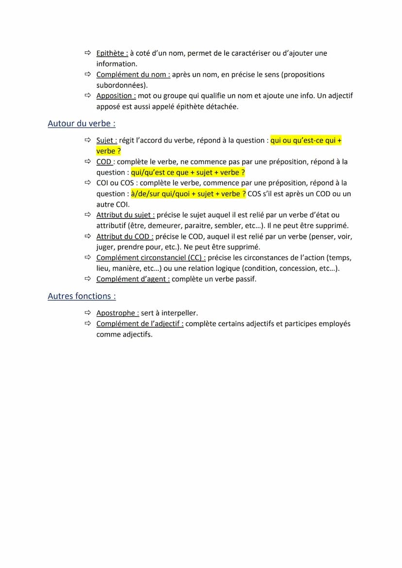 Les classes grammaticales :
Nom : Élément central d'un groupe nominal (GN).
Adjectif: qualifie un nom ou équivalent (GN, etc.) auquel il s'a