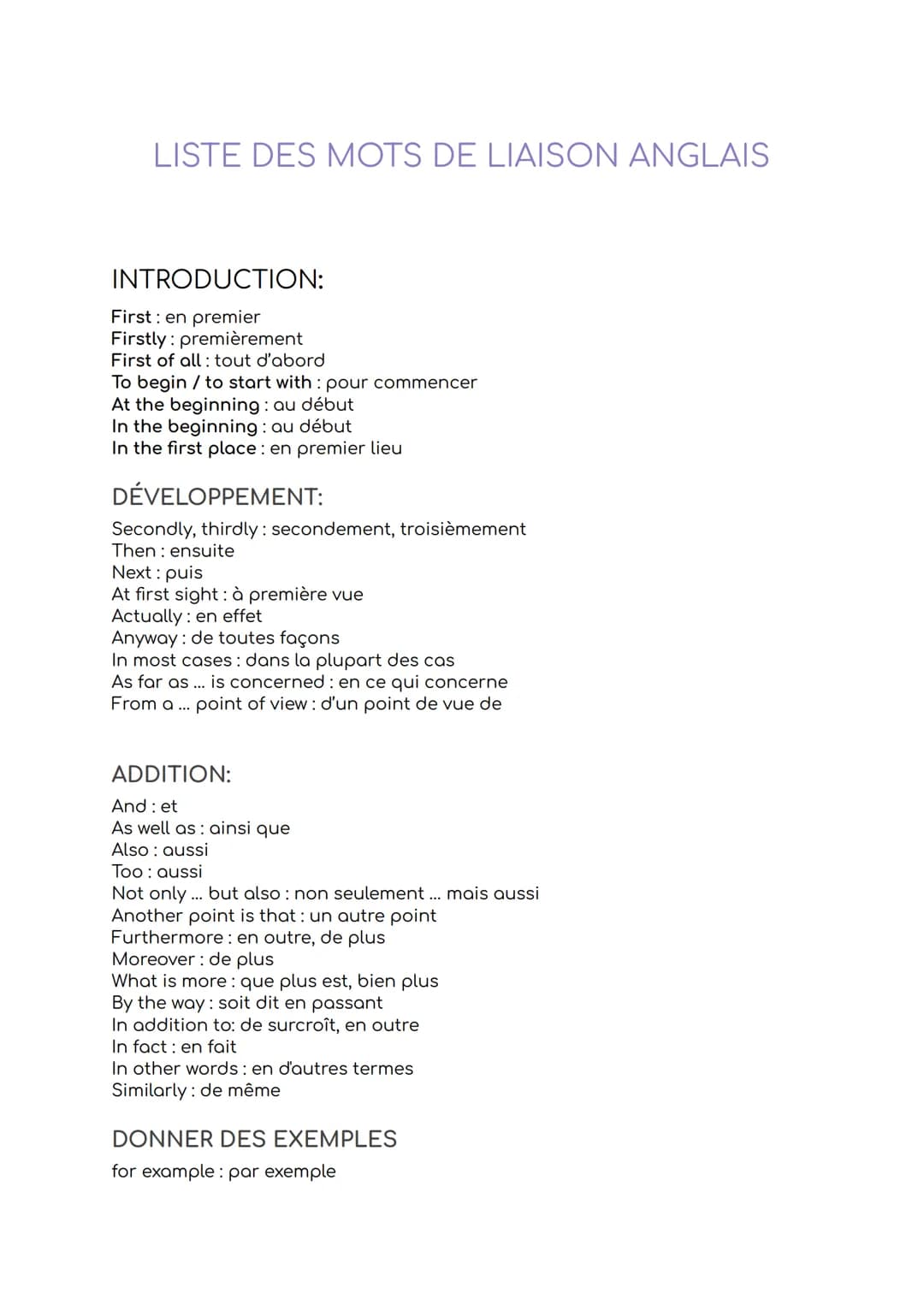 LISTE DES MOTS DE LIAISON ANGLAIS
INTRODUCTION:
First: en premier
Firstly: premièrement
First of all: tout d'abord
To begin / to start with 