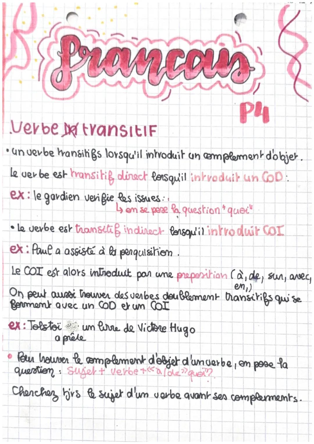 Francais
P4
Verbe transitiF
• un verbe transitifs lorsqu'il introduit un complement d'objet.
Le ver be est transitif direct lorsqu'il introd
