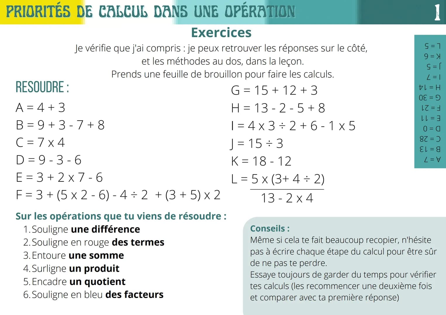 PRIORITÉS DE CALCUL DANS UNE OPÉRATION
REGLES DE PRIORITES:
VOCABULAIRE:
1.Si c'est une un quotient, je résous d'abord le
numérateur (en hau