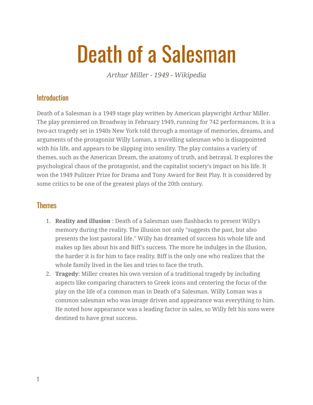 
<h2 id="introduction">Introduction</h2>
<p>Death of a Salesman is a 1949 stage play written by American playwright Arthur Miller. The play 