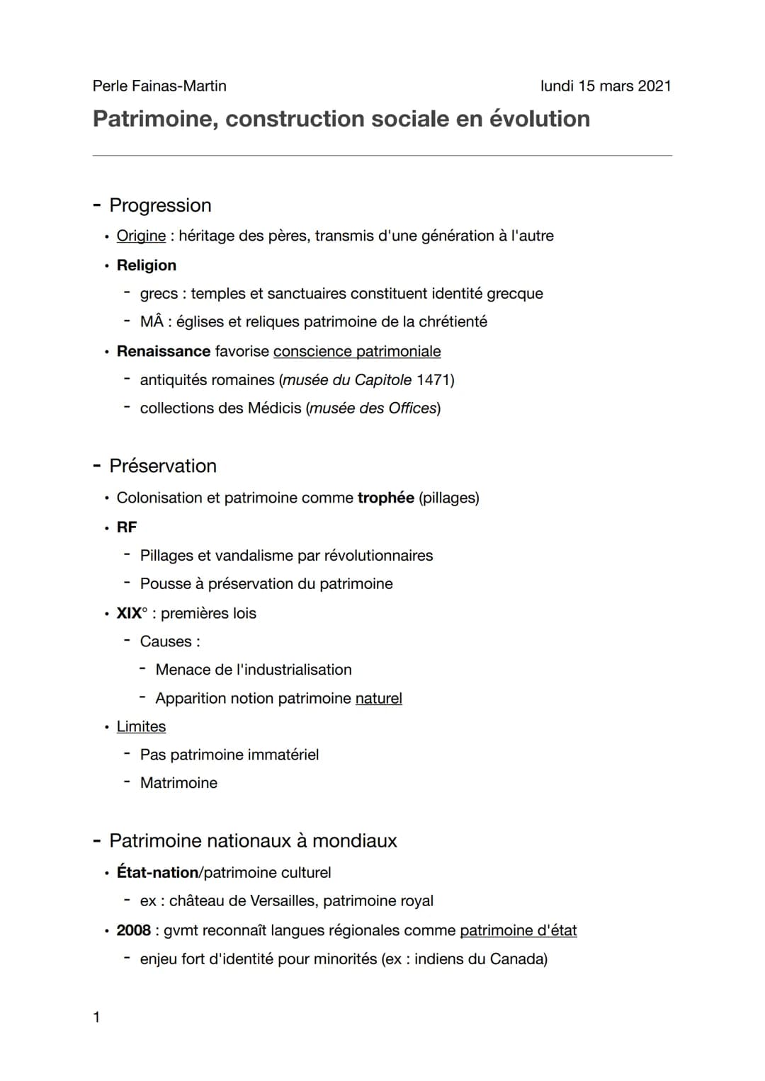 Perle Fainas-Martin
Patrimoine, construction sociale en évolution
- Progression
Origine : héritage des pères, transmis d'une génération à l'