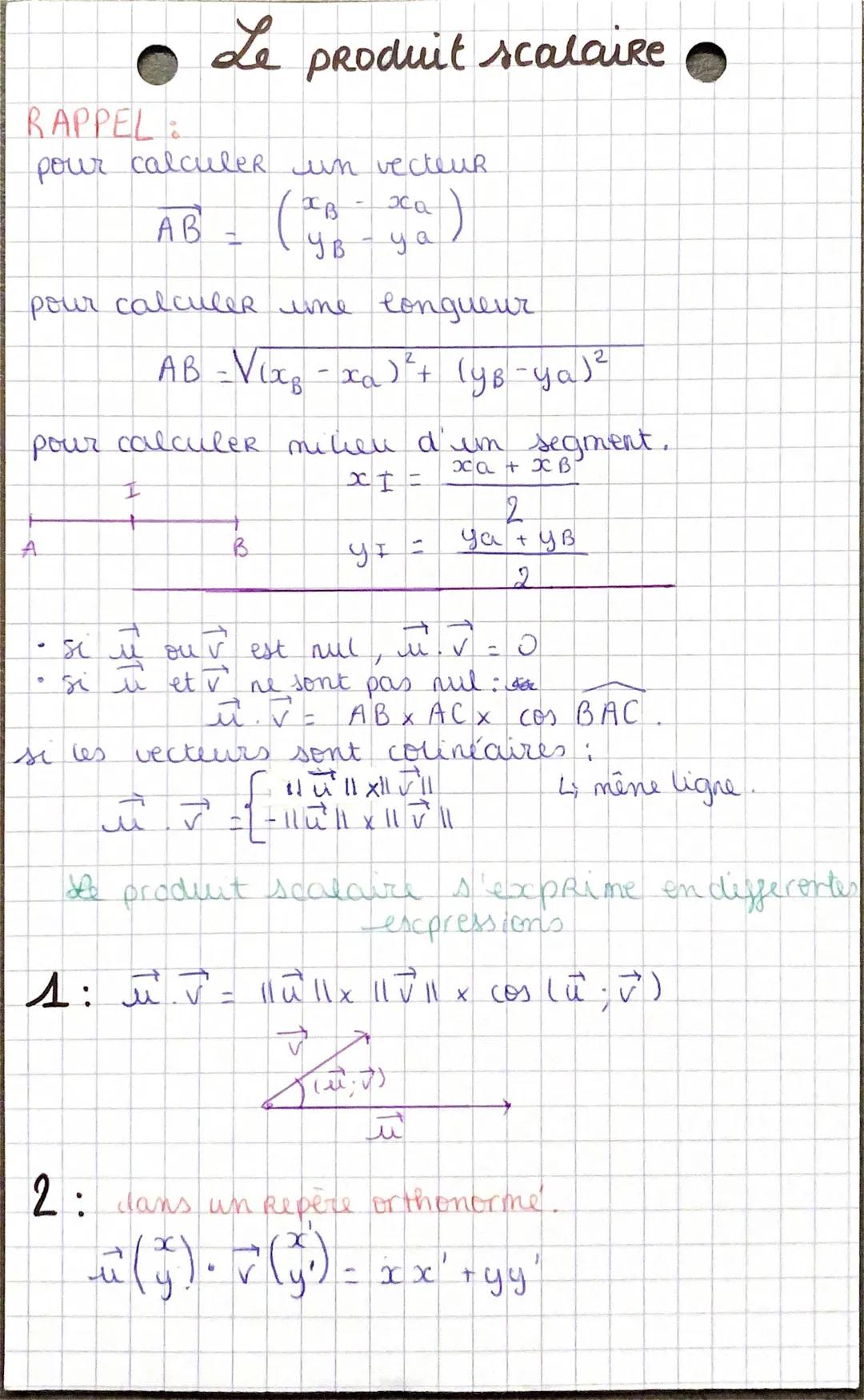 # Le produit scalaire

RAPPEL:
pour calculer un vecteur
$
\overrightarrow{AB} = \begin{pmatrix} x_B - x_a \\ y_B - y_a \end{pmatrix}
$

pour