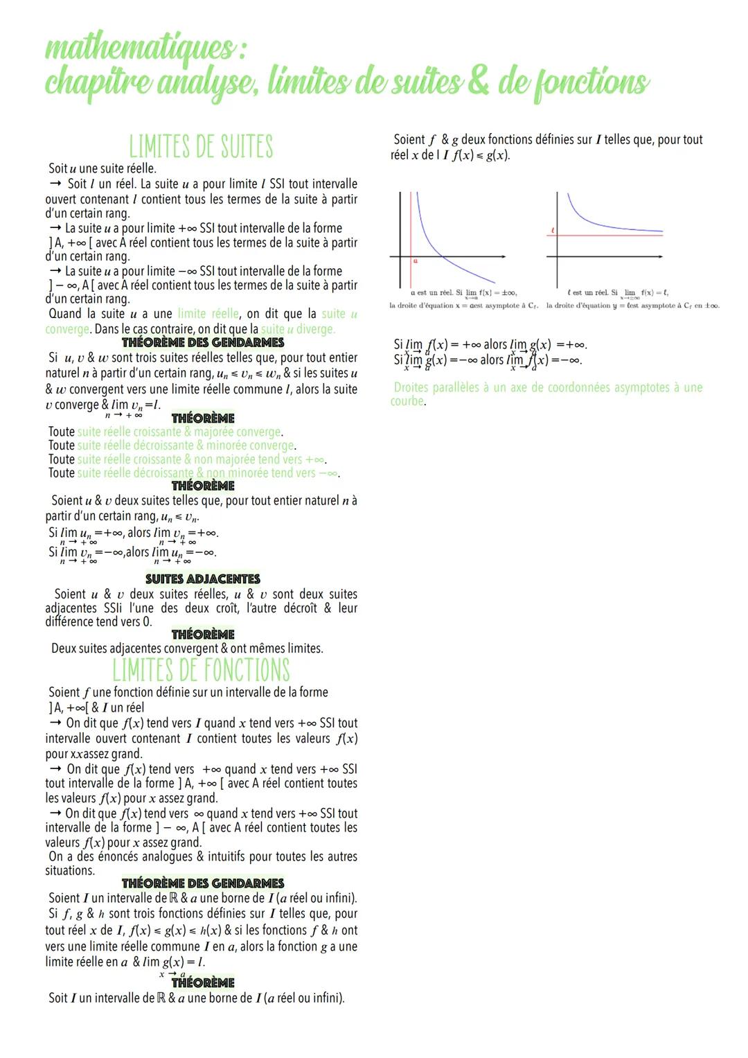 mathematiques:
chapitre analyse, limites de suites & de fonctions
LIMITES DE SUITES
Soit u une suite réelle.
→ Soit / un réel. La suite u a 