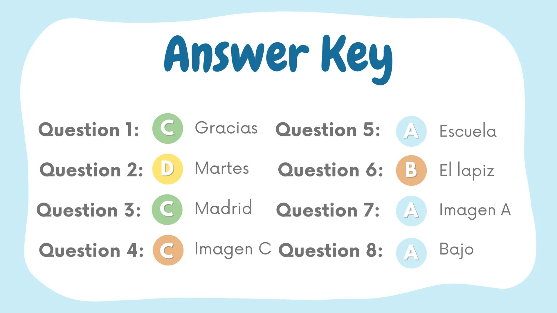 CUESTIONARIO EN
ESPAÑOL
CORRECTION À LA
FIN! Question 1
¿Cómo se dice "Merci" en
español?
A Semana C Gracias
B Holà
D De nada Question 2 ✰
C