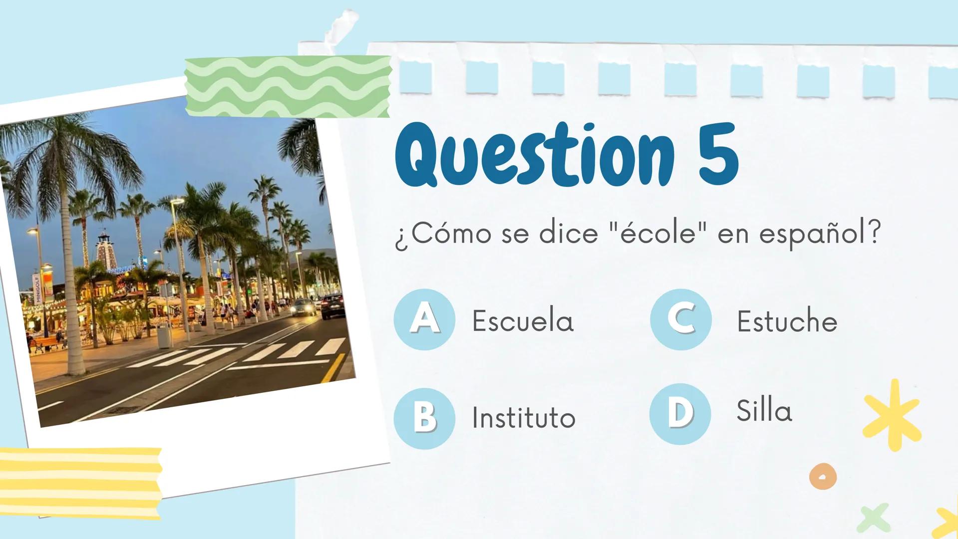 CUESTIONARIO EN
ESPAÑOL
CORRECTION À LA
FIN! Question 1
¿Cómo se dice "Merci" en
español?
A Semana C Gracias
B Holà
D De nada Question 2 ✰
C