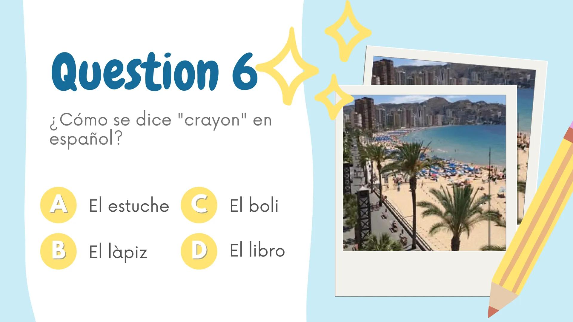 CUESTIONARIO EN
ESPAÑOL
CORRECTION À LA
FIN! Question 1
¿Cómo se dice "Merci" en
español?
A Semana C Gracias
B Holà
D De nada Question 2 ✰
C