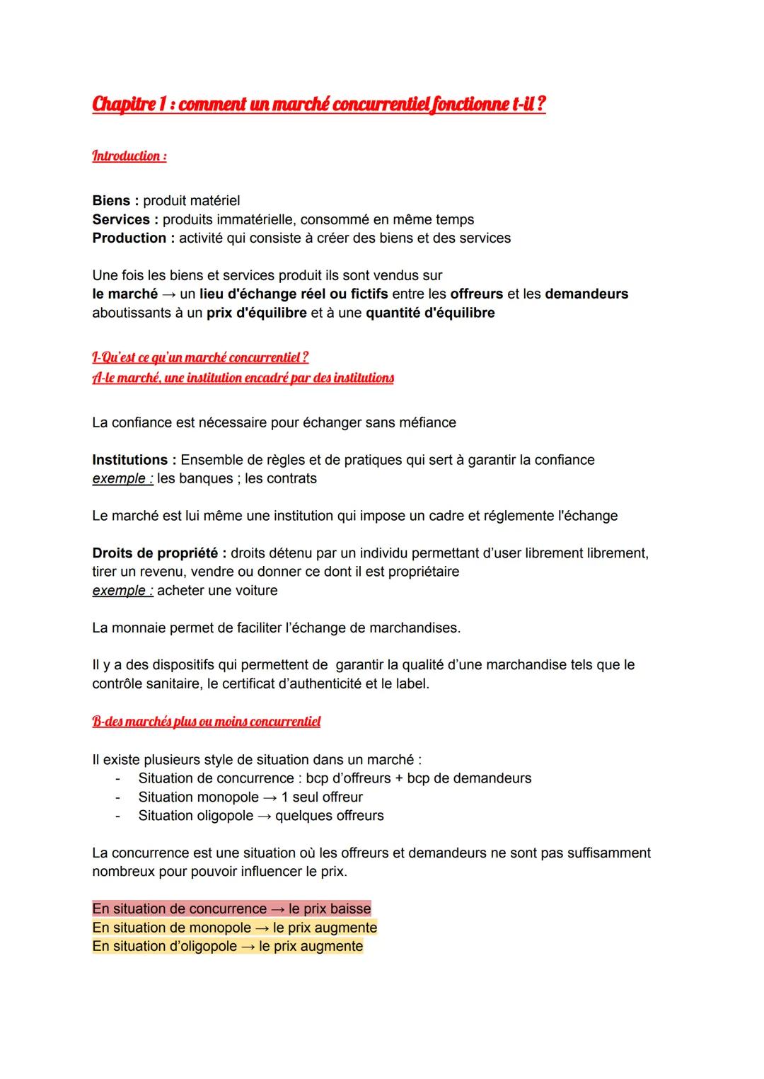 Chapitre 1: comment un marché concurrentiel fonctionne t-il?
Introduction:
Biens produit matériel
Services produits immatérielle, consommé e