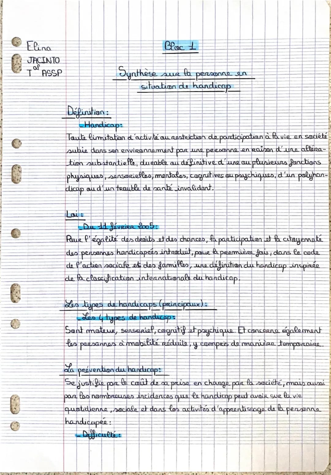 Elina
JACINTO
af
TASSP
Blac±
Synthèse
SUR
fa
personne en
situation de handicap
Definition:
Handicap:
Toute limitation d'activité au Restrict