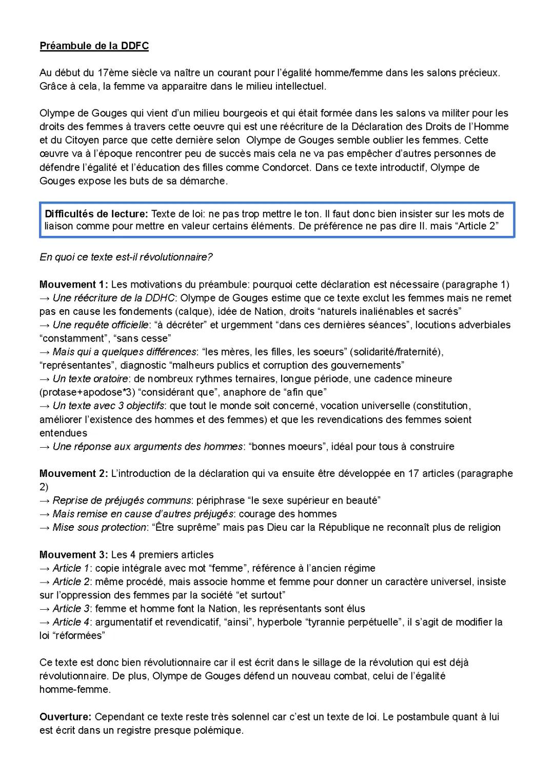 Analyse du Préambule de la Déclaration des droits de la Femme d'Olympe de Gouges