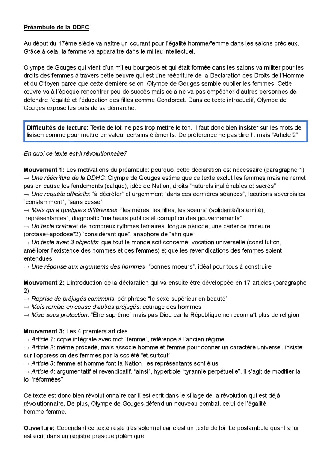 Analyse du Préambule de la Déclaration des droits de la Femme d'Olympe de Gouges