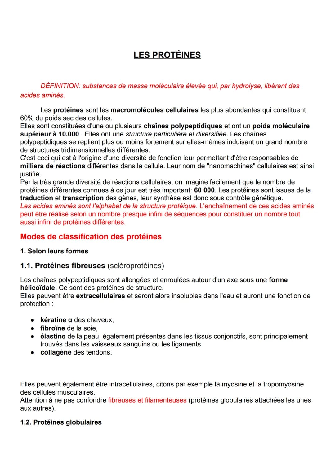 LES PROTÉINES
DÉFINITION: substances de masse moléculaire élevée qui, par hydrolyse, libèrent des
acides aminés.
Les protéines sont les macr