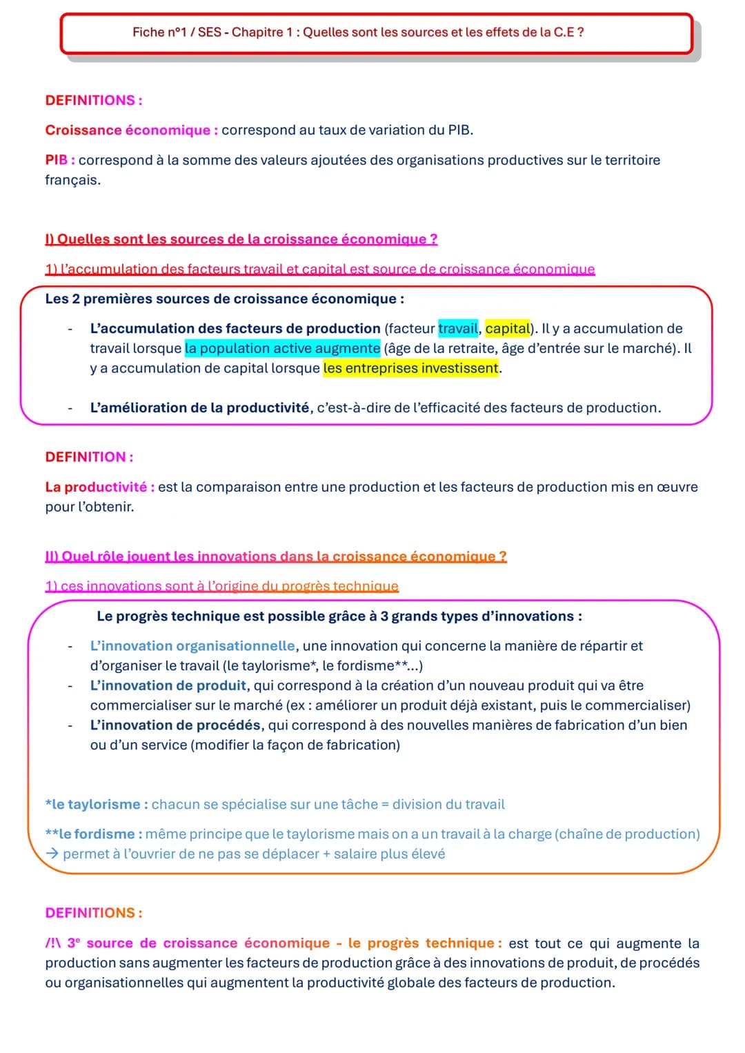 Fiche SES - Quelles sont les sources et les défis de la croissance économique ? 