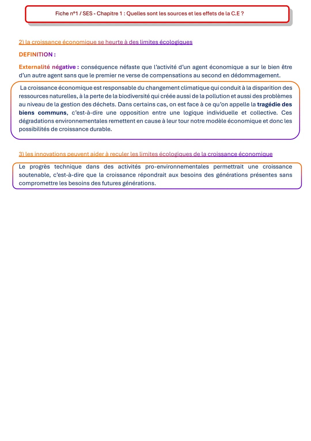 Fiche n°1 / SES - Chapitre 1: Quelles sont les sources et les effets de la C.E?
DEFINITIONS:
Croissance économique: correspond au taux de va