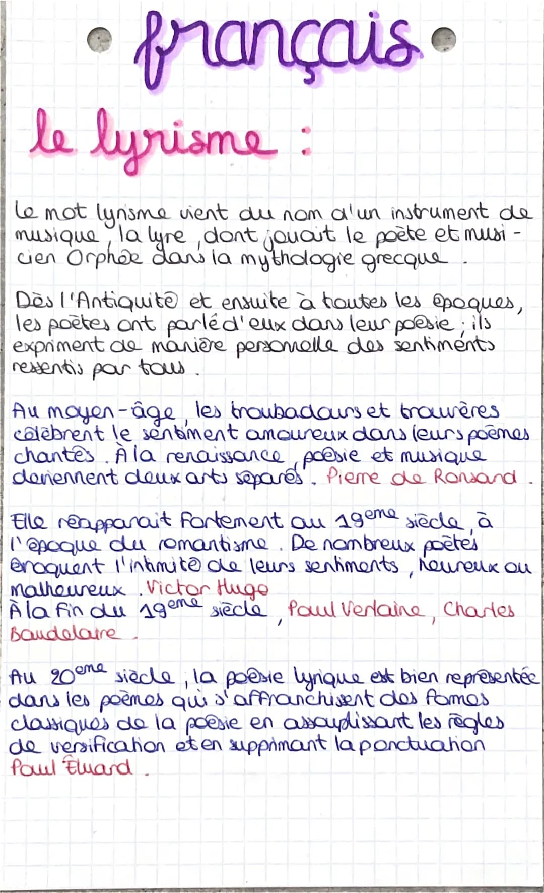 •
le lyrisme :
le mot lyrisme vient du nom d'un instrument de
musique la lyre, dont jouait le poète et musi -
cien Orphée dans la mythologie