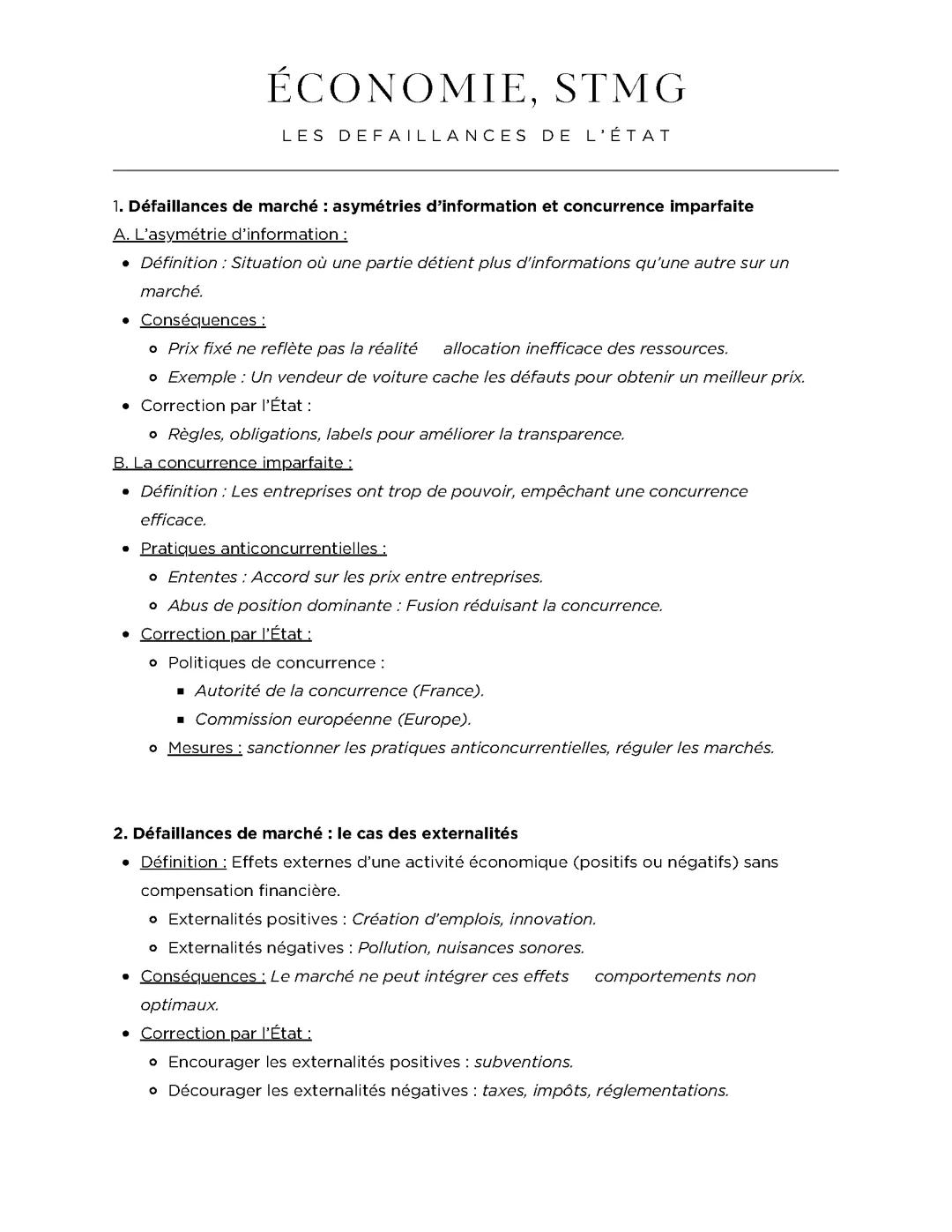 Défaillances de marchés et de l'état, STMG