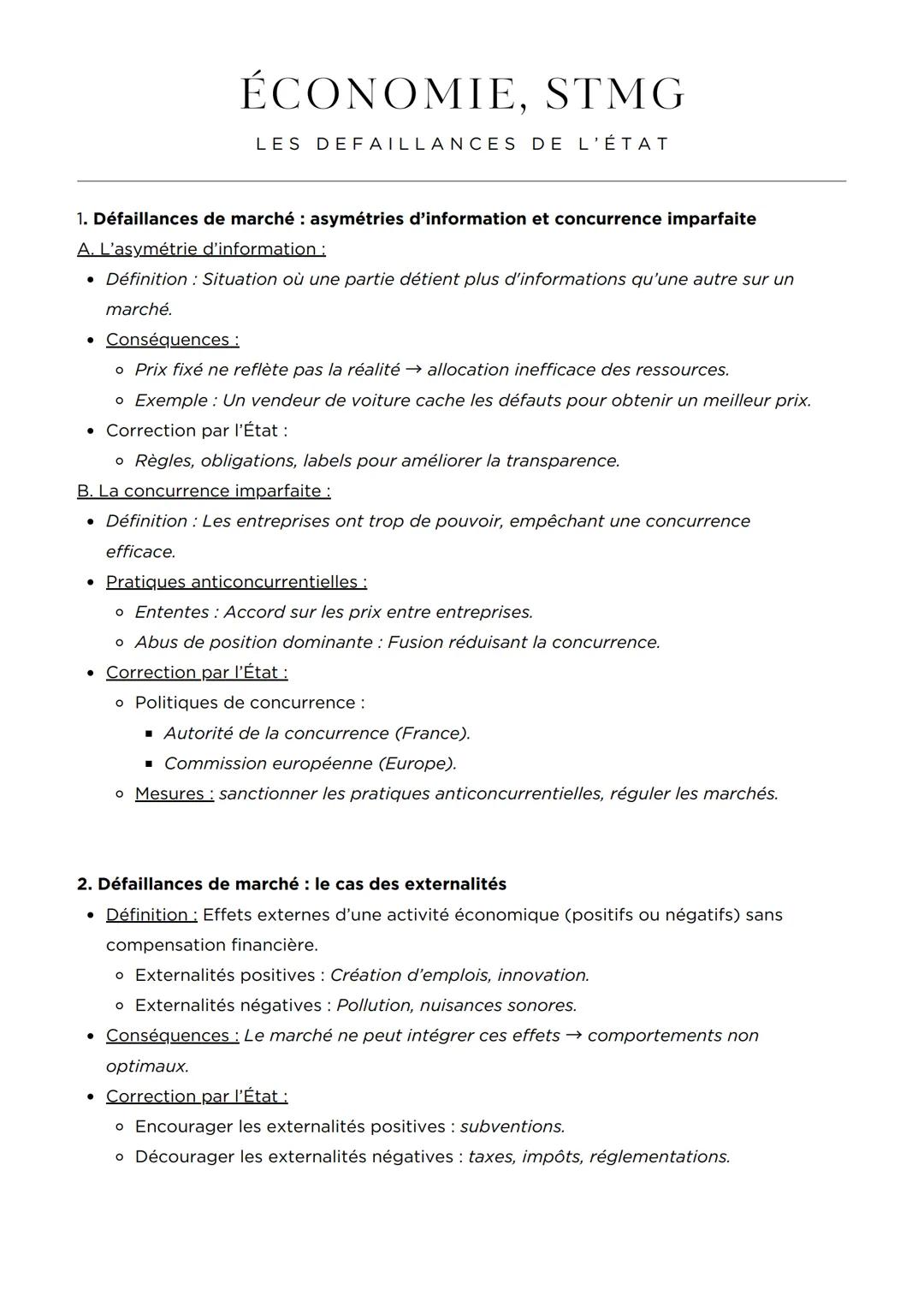 ÉCONOMIE, STMG
LES DEFAILLANCES DE L'ÉTAT
1. Défaillances de marché : asymétries d'information et concurrence imparfaite
A. L'asymétrie d'in