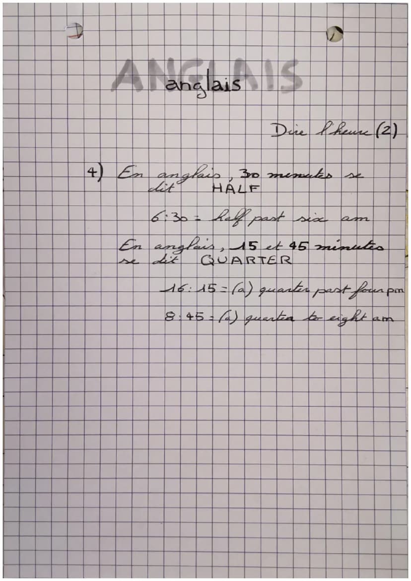 Alanglais | S
Dire I'heure
1)
anglais, nous disons les
minutes puss les heures.
2) Toutes les minutes avent 30 sent
précidées de PAST
7.23= 