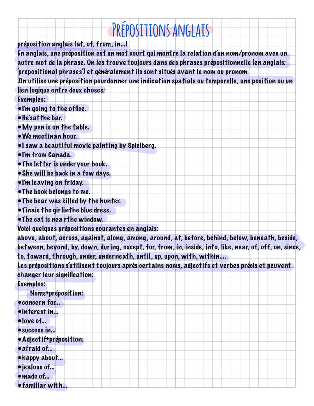 PREPOSITIONS ANGLAIS
préposition anglais (at, of, from, in...)
En anglais, une préposition est un mot court qui montre la relation d'un nom/