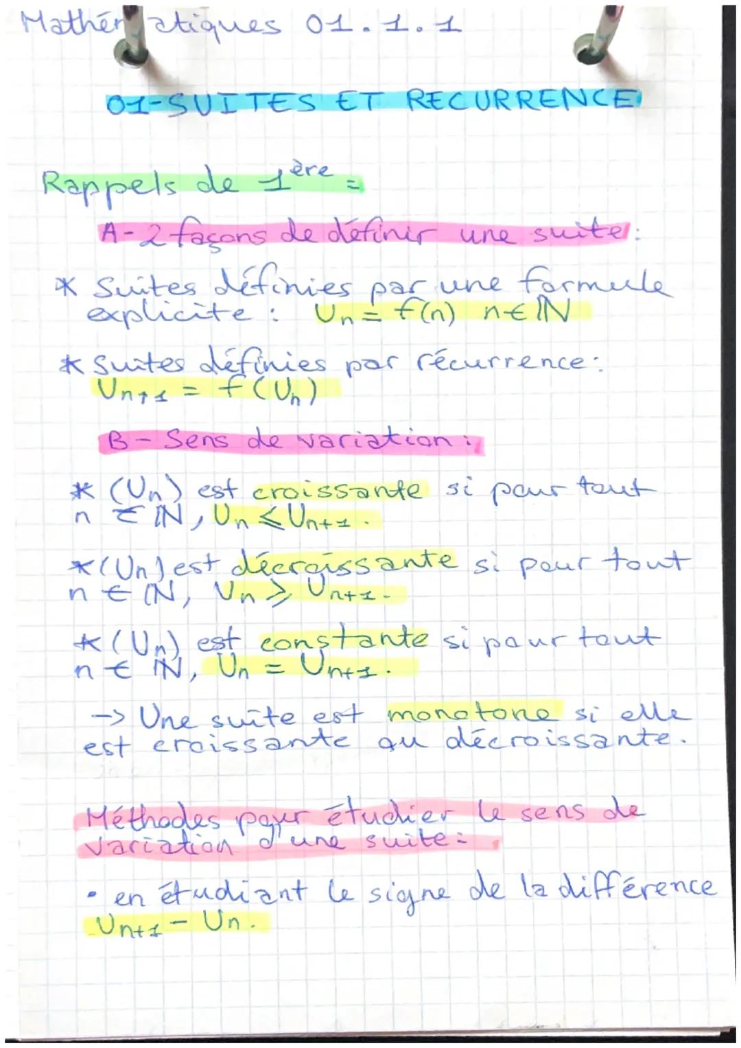 Mathén atiques 01.1.1

OI-SUITES ET RECURRENCE

Rappels de Lère =

A-2 façons de définir une suite:
* Suites définies par une formerle
expli