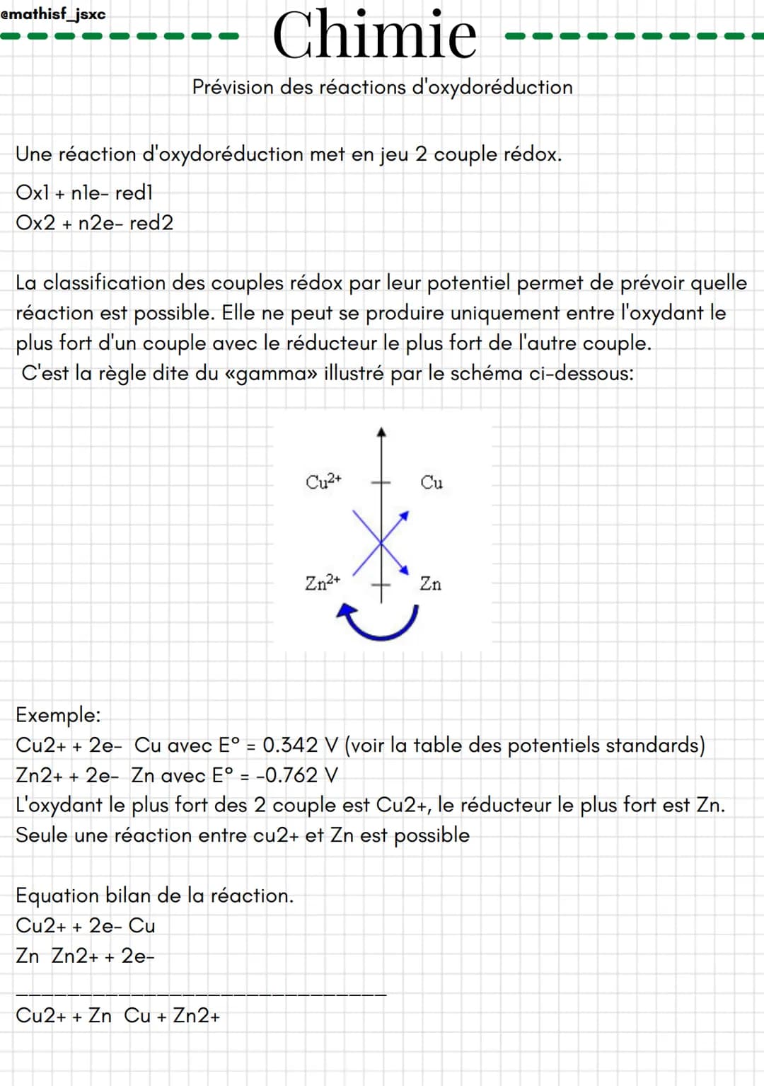 @mathisf_jsxc
Chimie
Prévision des réactions d'oxydoréduction
Une réaction d'oxydoréduction met en jeu 2 couple rédox.
Oxl+nle- red]
Ox2 + n