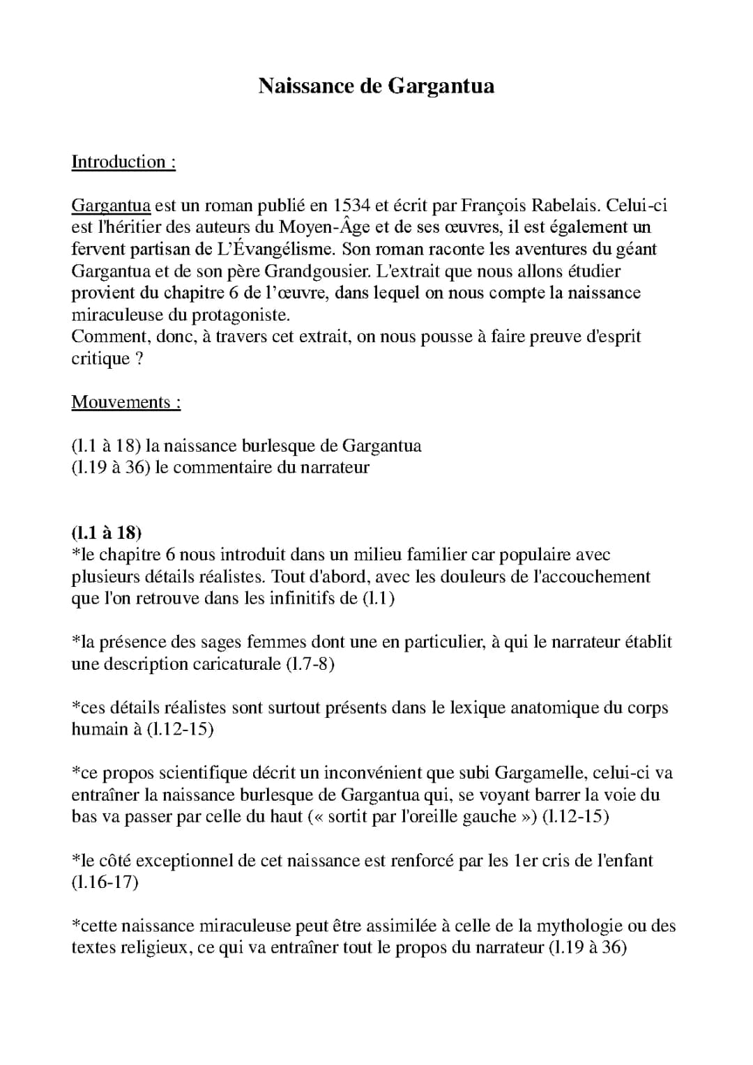 La naissance de Gargantua - Analyse linéaire du chapitre 6