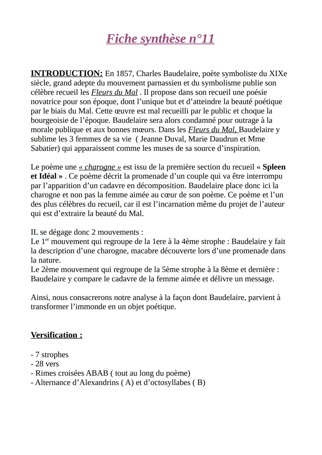 INTRODUCTION: En 1857, Charles Baudelaire, poète symboliste du XIXe
siècle, grand adepte du mouvement parnassien et du symbolisme publie son