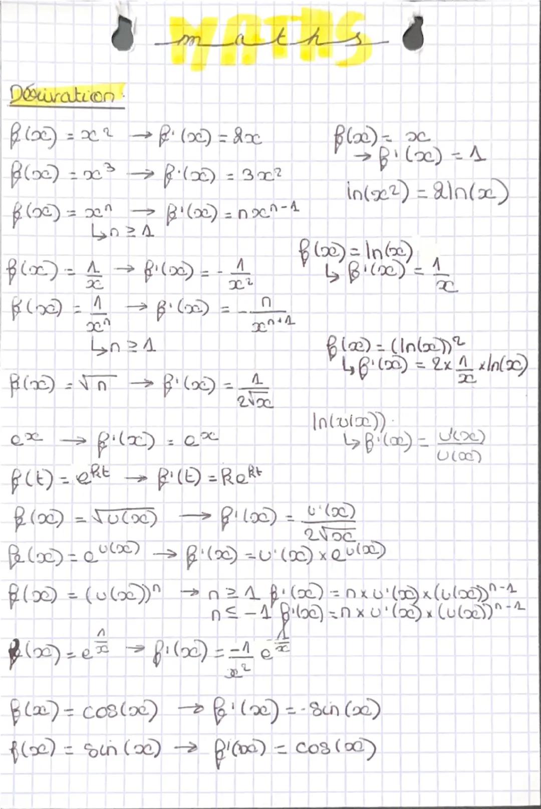 --- OCR Start ---
maths
8
Dérivation
f(x) = x² → f'(x) = 2x
f(x) = x³ → f'(x) = 3x²
f(x) = xn → f'(x) = nxn-1
→ n ≥ 1
f(x) = 1/x → f'(x) = -