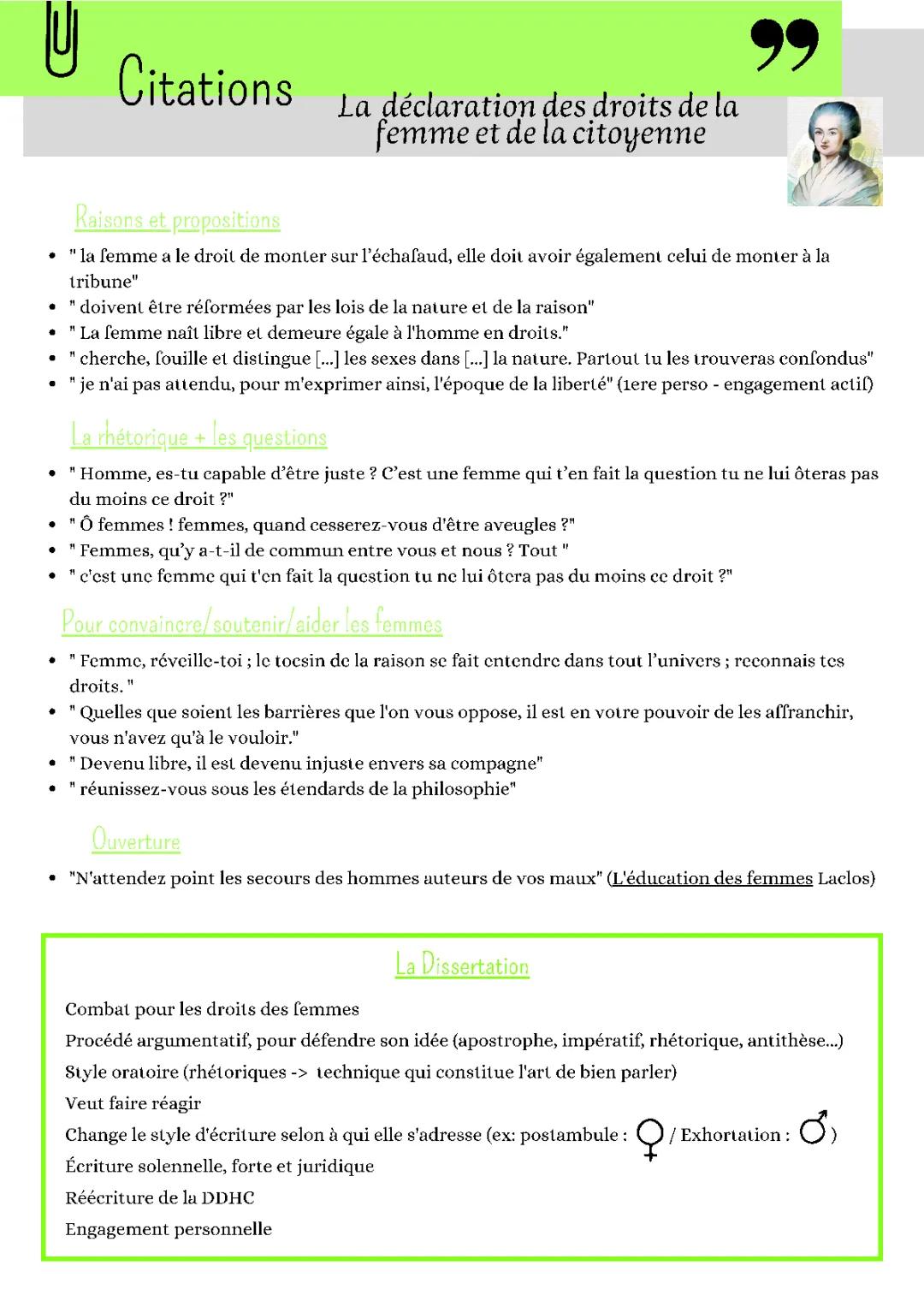 Sujet dissertation Olympe de Gouges PDF - Citations et plan type pour bac et 1ère