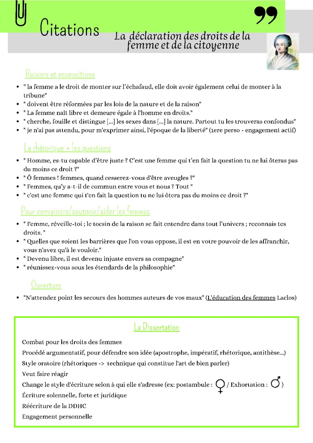 Sujet dissertation Olympe de Gouges PDF - Citations et plan type pour bac et 1ère
