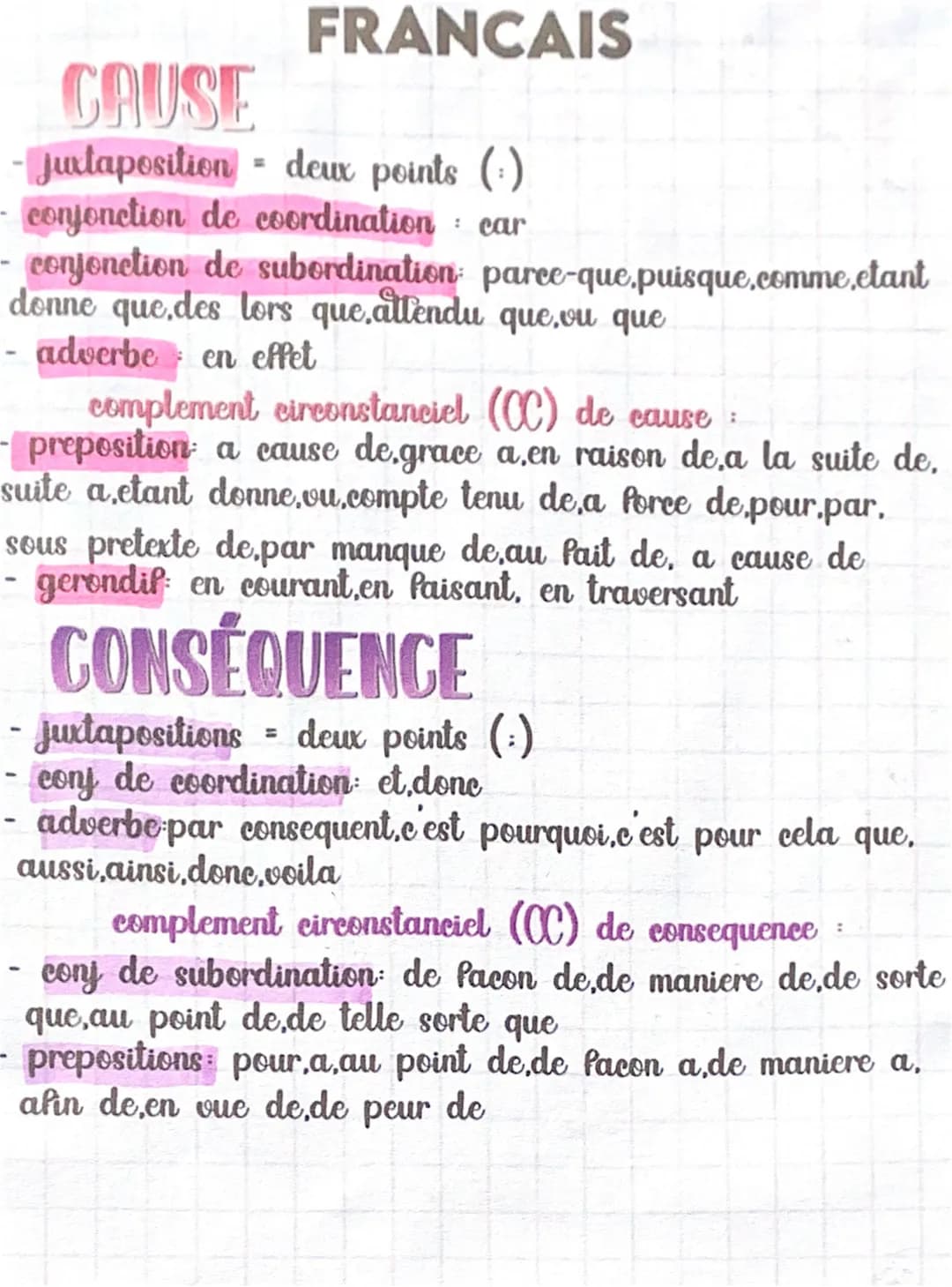 FRANCAIS
CAUSE
juxtaposition - deux points (-)
- conjonction de coordination car
:
- conjonction de subordination parce-que.puisque.comme.et