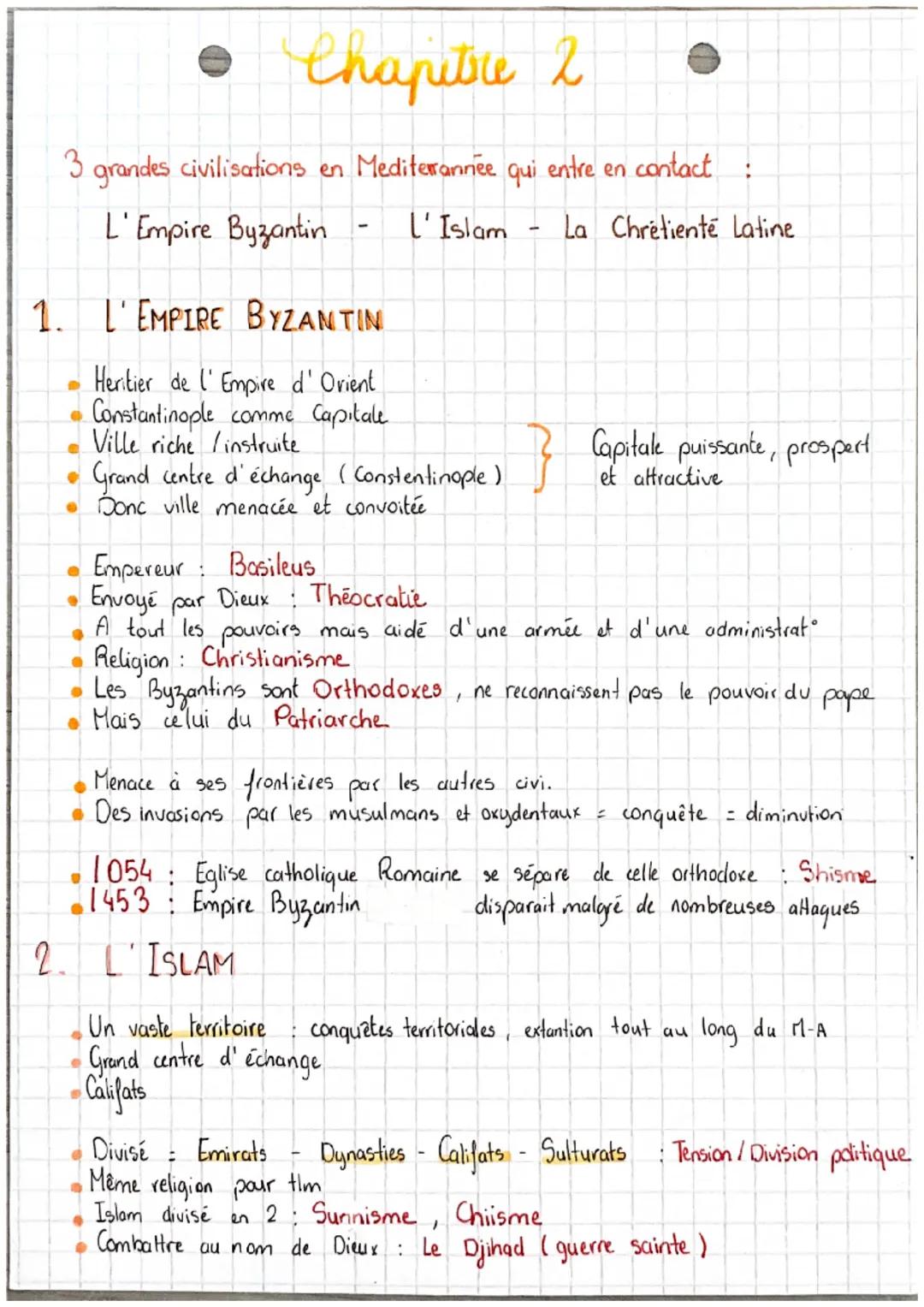 # Chapitre 2

3 grandes civilisations en Mediterrannée qui entre en contact :

L'Empire Byzantin - L'Islam - La Chrétienté Latine

1. L'EMPI