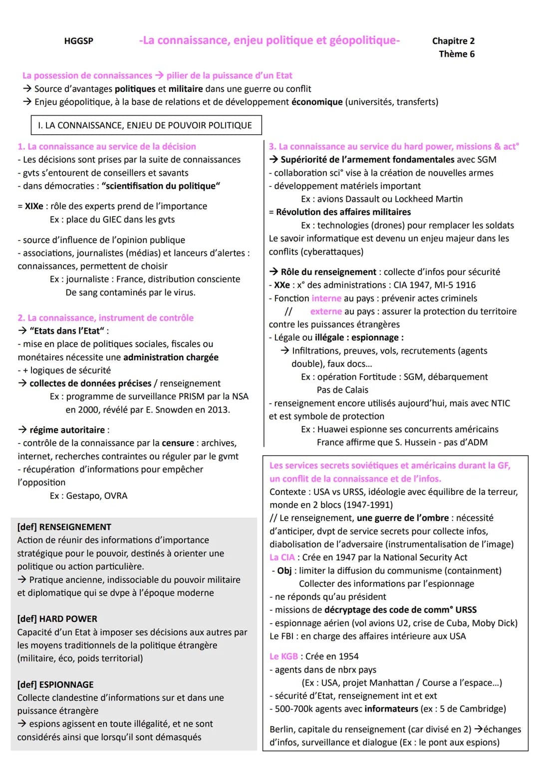 HGGSP
-La connaissance, enjeu politique et géopolitique-
Chapitre 2
Thème 6
La possession de connaissances → pilier de la puissance d'un Eta