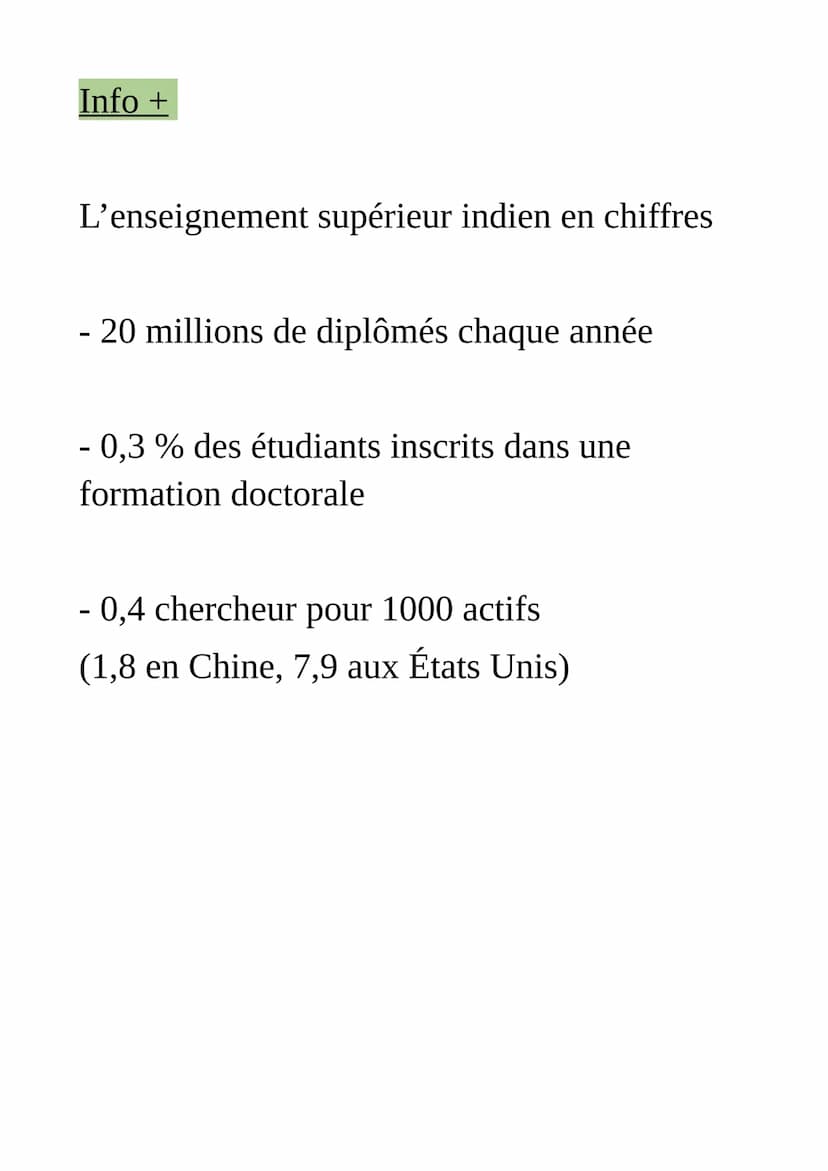 La maîtrise de la connaissance
scientifique: l'exemple de l'Inde
Puissance émergente, L'Inde a compris la
nécessité de former des étudiants,
