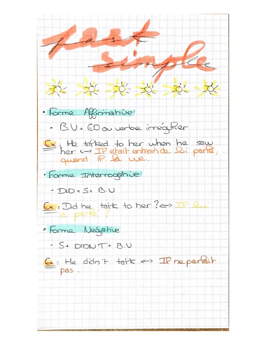 fast
simple
000 á á
• Forme Affirmative
- B.U. ED ou verbe irrégulier
saw
x: He talked to her when he
her <> IP etait entrain de fui parfé,
