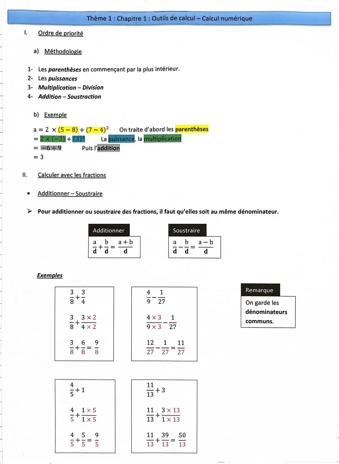 I.
II.
Ordre de priorité
a) Méthodologie
●
1- Les parenthèses en commençant par la plus intérieur.
2- Les puissances
3- Multiplication - Div